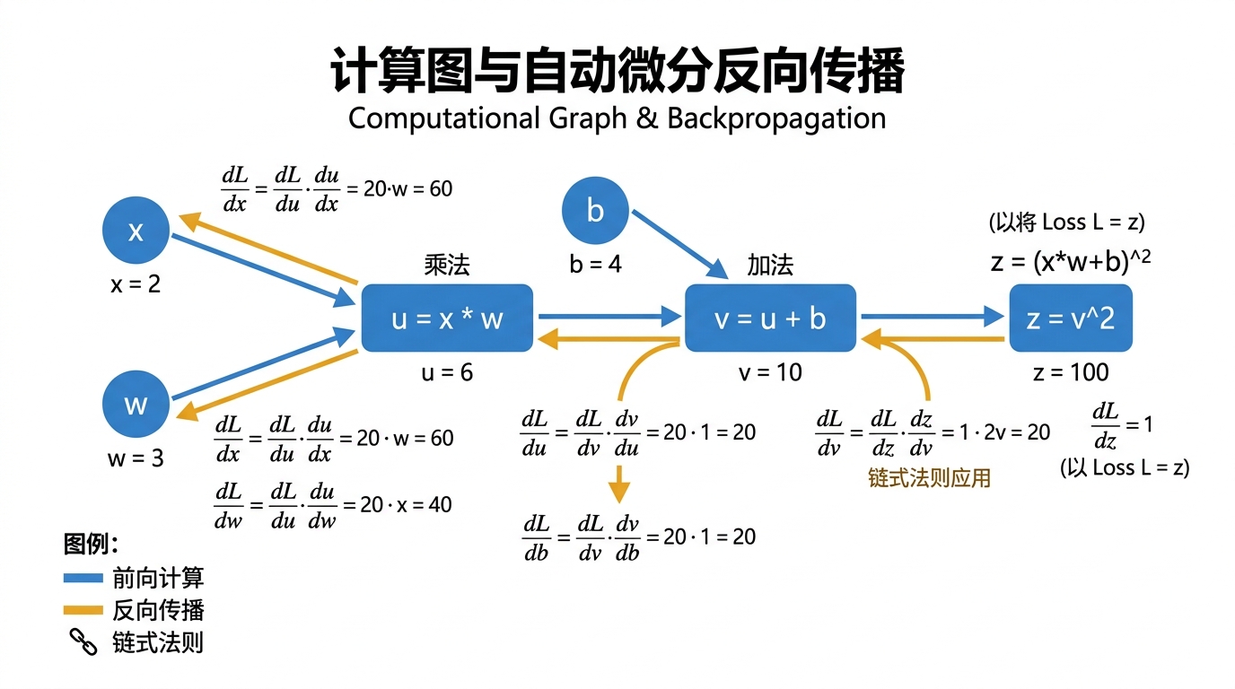 计算图前向传播与反向求导:前向蓝箭头流动求值,反向橙金箭头依据链式法则倒查梯度责任