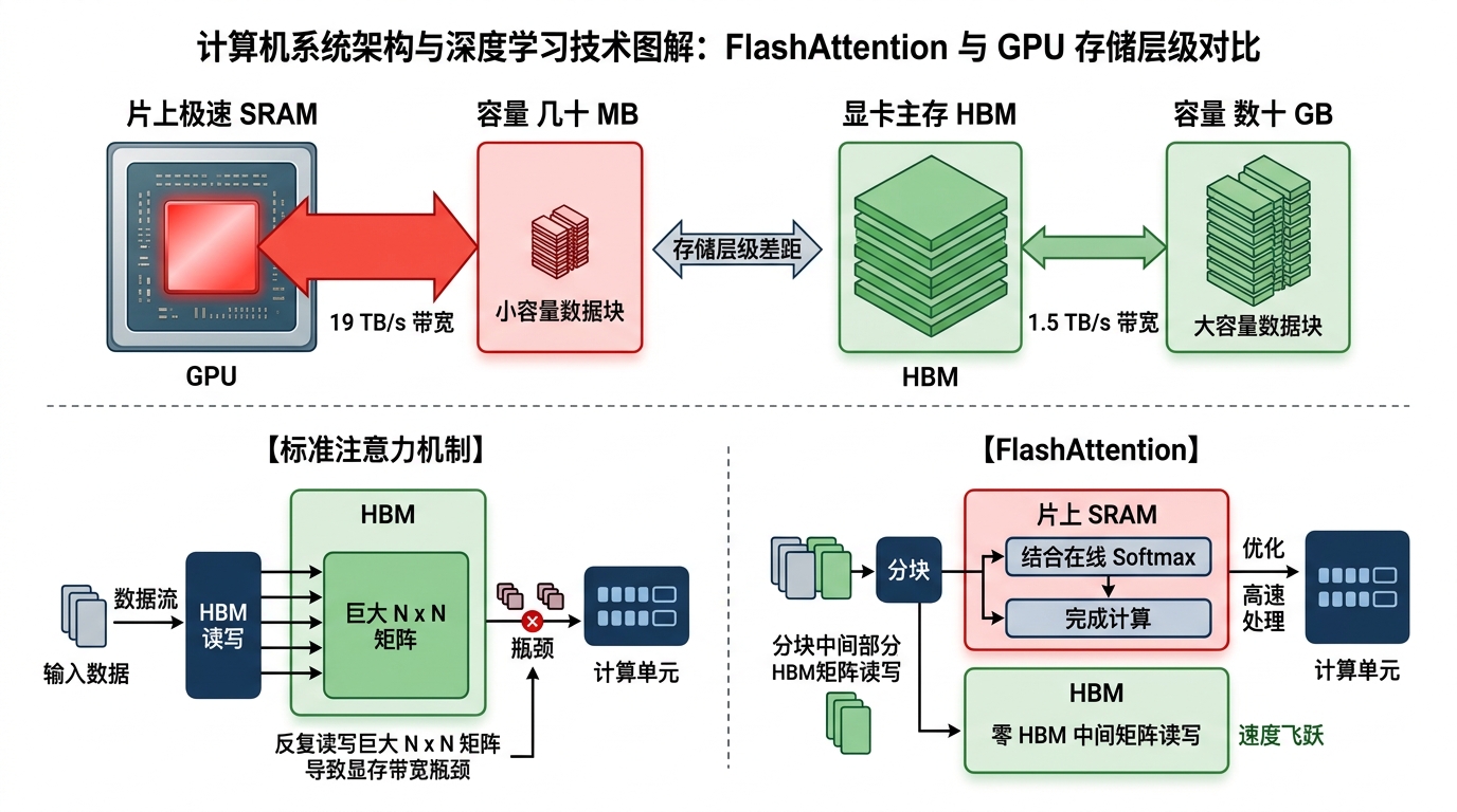 FlashAttention 与 GPU 存储层级对比：片上极速 SRAM 与主显存 HBM 的带宽层级差距，以及分块在线 Softmax 消除中间显存读写