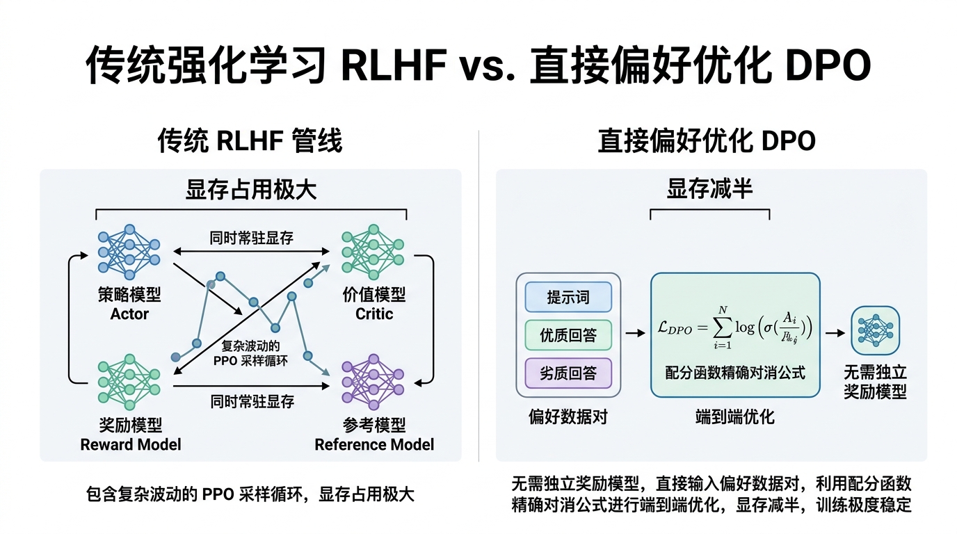 传统强化学习 RLHF 与直接偏好优化 DPO 技术对比：4个常驻模型与不稳定 PPO 循环 vs 显存减半与隐式配分函数对消端到端优化